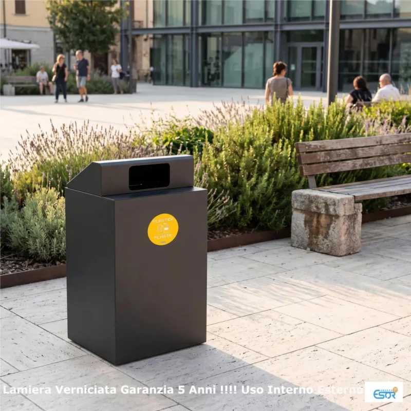 Pattumiera, Mobiletto per raccolta differenziata in acciaio 1 scomparti da 100L Dimensioni 48x48xh 96 cm-Peso 16 kg,, 1 scomparti da 100 litri totali, 4 Etichette colore Antracite Escelsior Popolare
