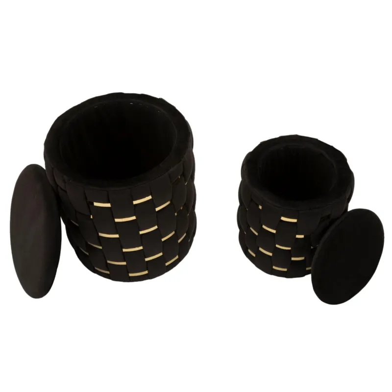 Compra Adesso Puff rotondo SET 2 PEZZI Contenitore Shanty Oro in MDF e tessuto imbottito dimensioni Ø 27,5X36-18,5X27 cm peso 5 kg, rivestimento in tessuto imbottito nero -oro Mauro Ferretti