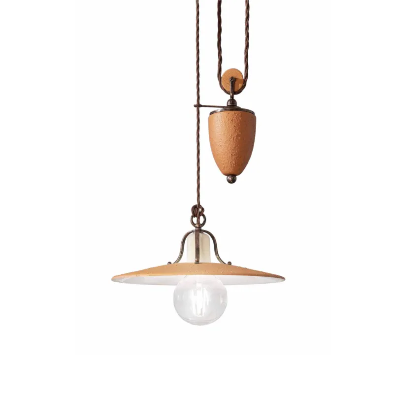 Lampada sospensione rustica, sali e Scendi, con diffusore in ceramica decorato a mano BOLOGNA Dimensioni 30x30x h 17 cm peso 3,45 kg - Attacco Lampada E 27 Ferroluce Più Venduto