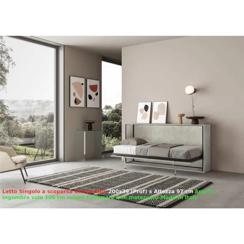 Economico Letto a scomparsa Kando singolo Con Materasso Incluso Chiuso Occupa solo 39 cm di profondità, Dimensioni chiuso 200x39xh97 cm struttura in legno colore Cashmere Itamoby