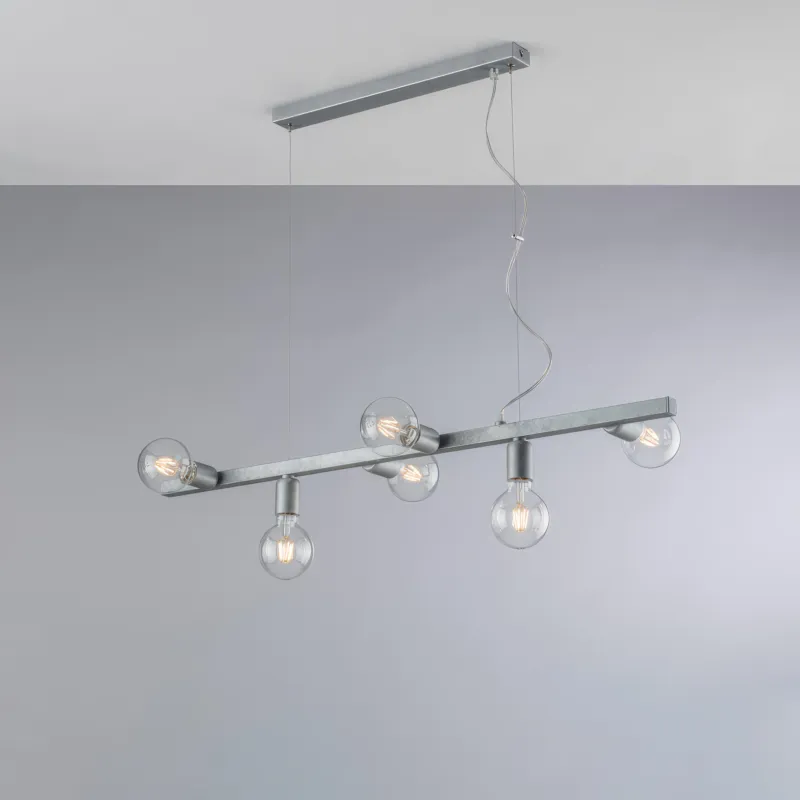 Sospensione Fabian in Ferro Laccato Bianco e Argento 6 Luci, 101x16xH18 - MAX 148 cm, 6xE27 - 55 Watt Max, Colore Argento Bonetti Illumina Esclusivo