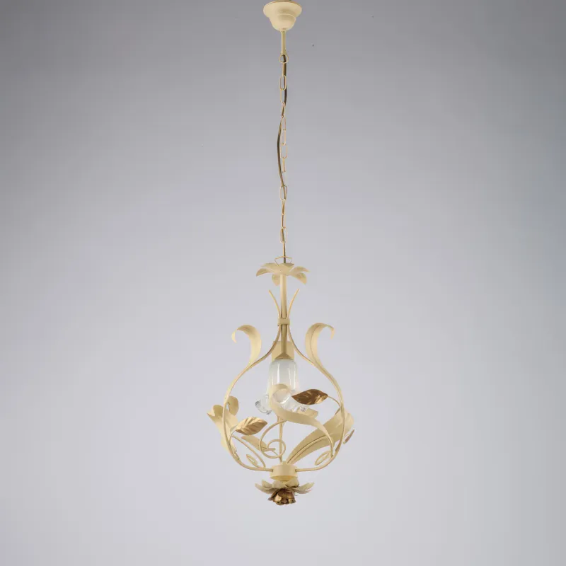 Lampadario Cesto in Ferro Laccato Avorio Decape, Ø33xH52-112 cm, Colore Avorio Oro, 1xE14 - 42 Watt Max Bonetti Illumina Professionale