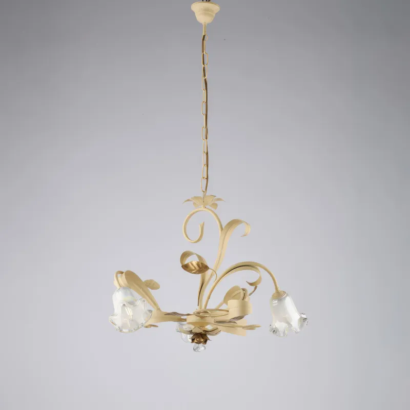 Prezzo Basso Lampadario Cesto in Ferro Laccato Avorio Decape, 59xH.44-104 cm, 3xE14 - 42 Watt Max, Colore Avorio Oro Bonetti Illumina