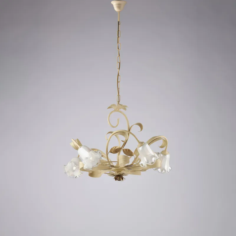 Lampadario Cesto in Ferro Laccato Avorio Decapé, Ø65xH.44-142 cm, Avorio Oro, 5xE14 - 42 Watt Max Bonetti Illumina Offerta Lampo
