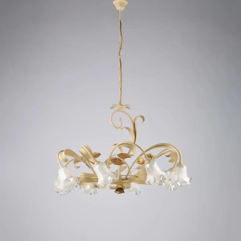 Vendita Finale Lampadario Cesto in Ferro Laccato Avorio Decape, H52 - MAX 112 - Ø85 cm, Avorio Oro, 8xE14 - 42 Watt Max Bonetti Illumina