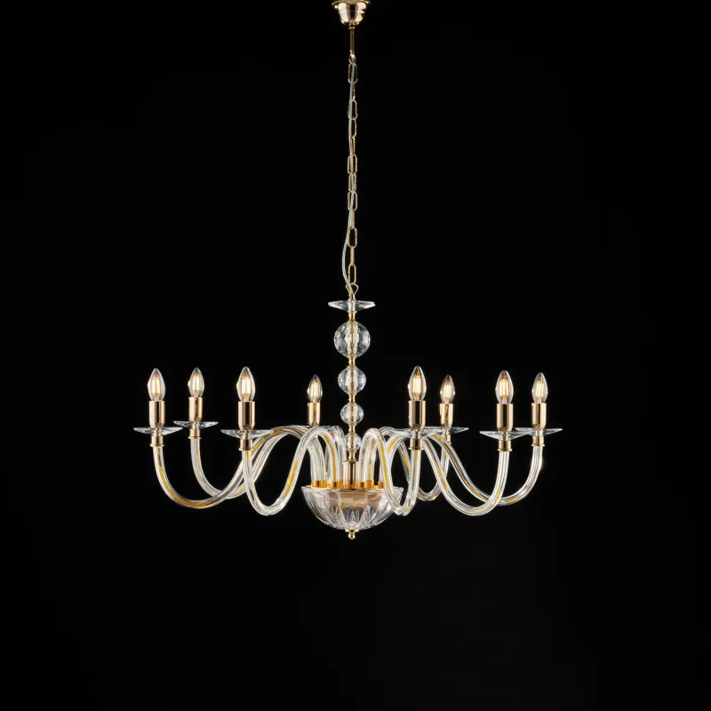 Lampadario Ruben 56xMAX 116xØ96 cm, Oro Lucido Cristallo, Vetro Trasparente e Strass, 8xE14 - 42 Watt Max Bonetti Illumina Compra Adesso