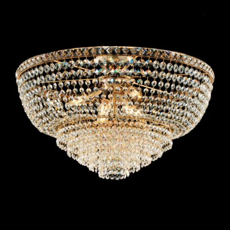 Plafoniera Wagner in ferro e ottone dorato con strass, Ø62xH40 cm, 8 luci E14 - 42 Watt Max, colore Oro Lucido Bonetti Illumina Scelto Dai Clienti