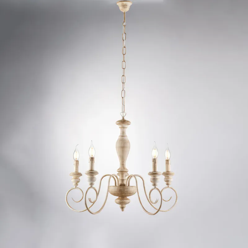 Lampadario Cascina in Legno e Ferro, Bianco Tortora, Ø60xH55-115 cm, 5xE14 - 42W Max Bonetti Illumina Di Tendenza