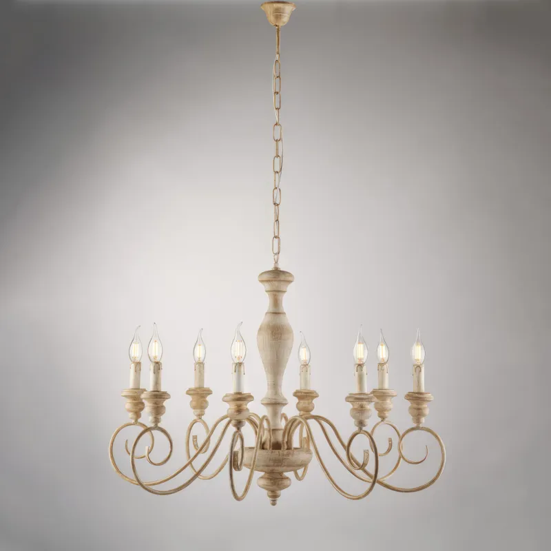 Ultima Occasione Lampadario Cascina in Legno e Ferro 61xMAX 121xØ82 cm, Bianco Tortora, 8xE14 - 42 Watt Max Bonetti Illumina