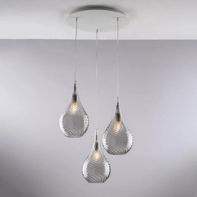 Sconto Sospensione Pluvia in Ferro con Vetri Pyrex Grigio, Ø50 x H41-141 cm, 3xE27 - 55 Watt Max, Colore Grigio Bonetti Illumina