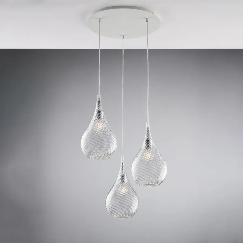 Consegna Rapida Sospensione Pluvia in Ferro con Vetri Pyrex Trasparente, 3xE27 - 55 Watt Max, Ø50xH41-MAX141 cm, Colore Trasparente Bonetti Illumina