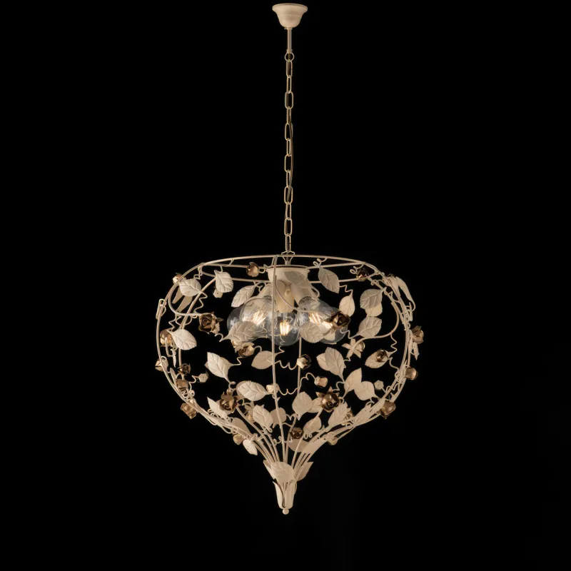 Esclusivo Lampadario Bella, H.65-MAX 125 - Ø68 cm, Avorio Oro, in Ferro Laccato Avorio Decape, 5xE27 - 55 Watt Max Bonetti Illumina