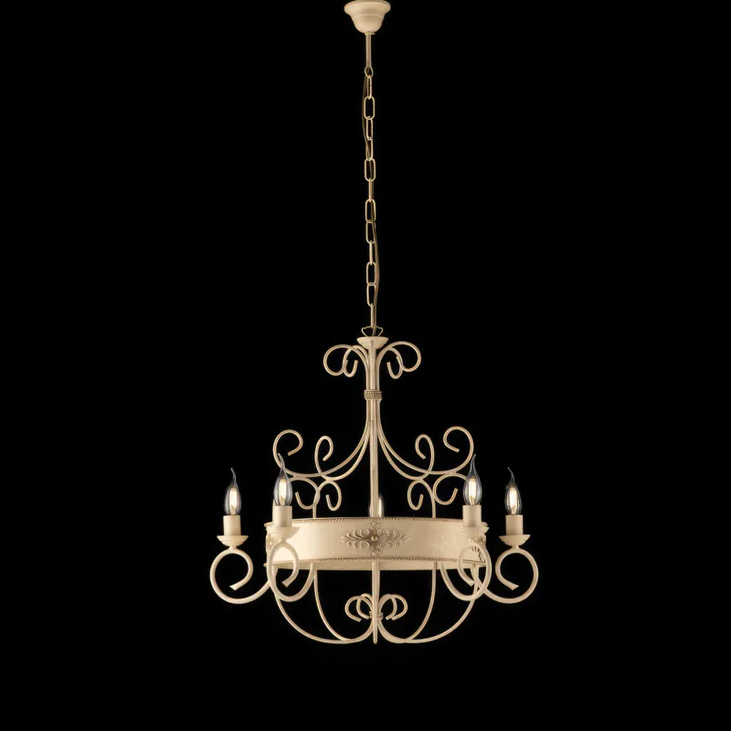 Lampadario Baltimora in Ferro Laccato Avorio Decapè, 60x120xØ60 cm, Avorio Oro, 5xE14 - 42 Watt Max Bonetti Illumina Promo Stagionale