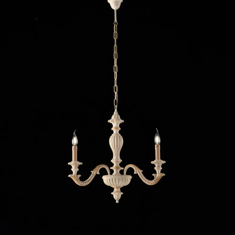 Vendita Finale Lampadario Leonardo in Legno Avorio e Foglia Oro, 57xMAX 117xØ43 cm, 3xE14 - 42 Watt Max, Colore Avorio Foglia Oro Bonetti Illumina