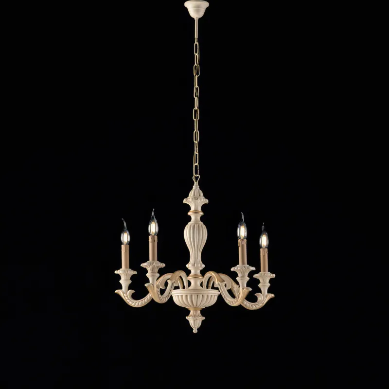 Lampadario Leonardo in Legno Avorio e Foglia Oro ø53xh57-117 cm, 5 Luci E14 - 42 Watt Max, Colore Avorio Foglia Oro Bonetti Illumina Di Tendenza