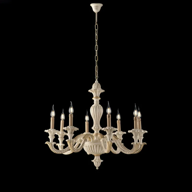 Lampadario Leonardo in Legno Avorio e Foglia Oro 74xh130 cm, 6 Luci E14, Avorio Foglia Oro Bonetti Illumina Prezzo Conveniente