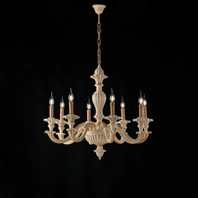 Economico Lampadario Leonardo in Legno Avorio e Foglia Oro 70x130xØ80 cm, 8xE14 - 42 Watt Max - Colore Avorio Foglia Oro Bonetti Illumina