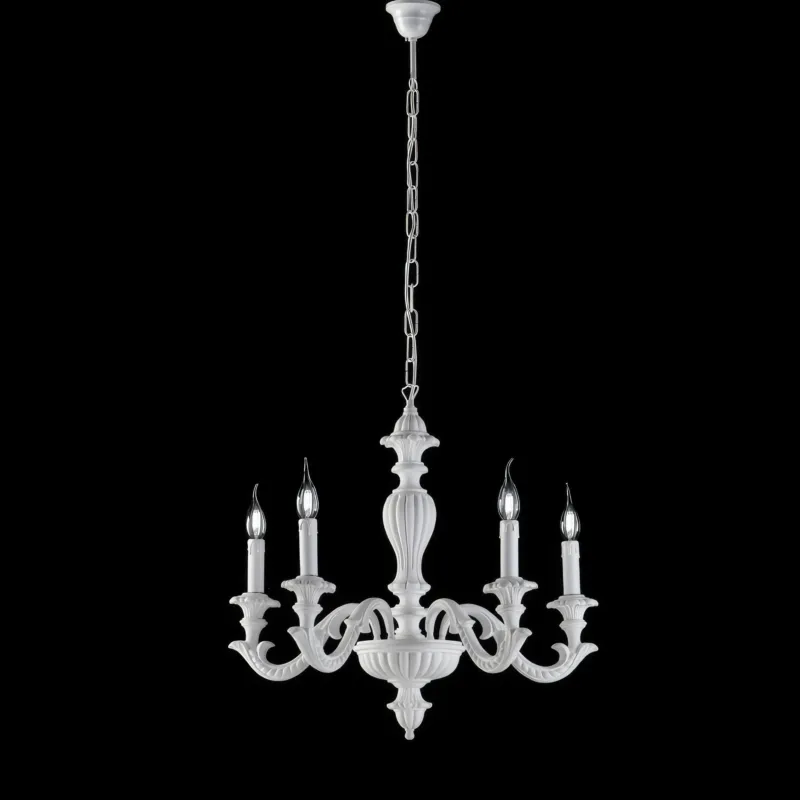 Economico Lampadario Leonardo in Legno Bianco Shabby, 5 luci, 57x117xØ53 cm, 5xE14 - 42 Watt Max, Colore Bianco Shabby Bonetti Illumina