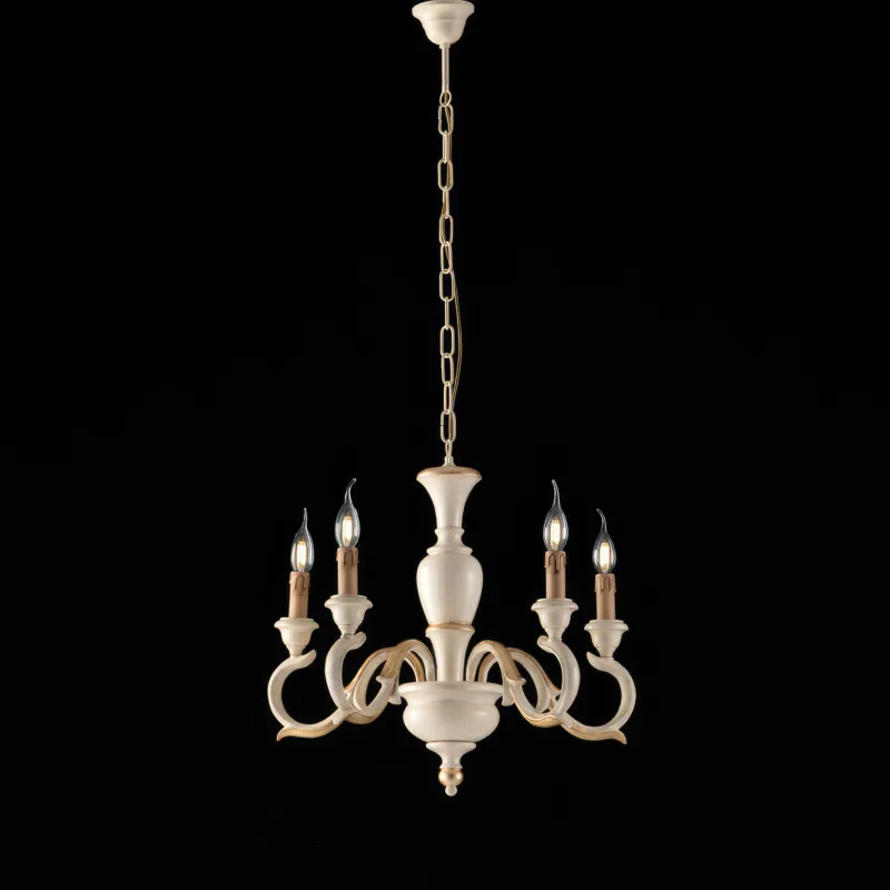 Lampadario Fiorenza in Legno Avorio e Foglia Oro, Ø50xH50-110 cm, 5xE14 - 42 Watt Max, Colore Avorio Foglia Oro Bonetti Illumina Prezzo Scontato
