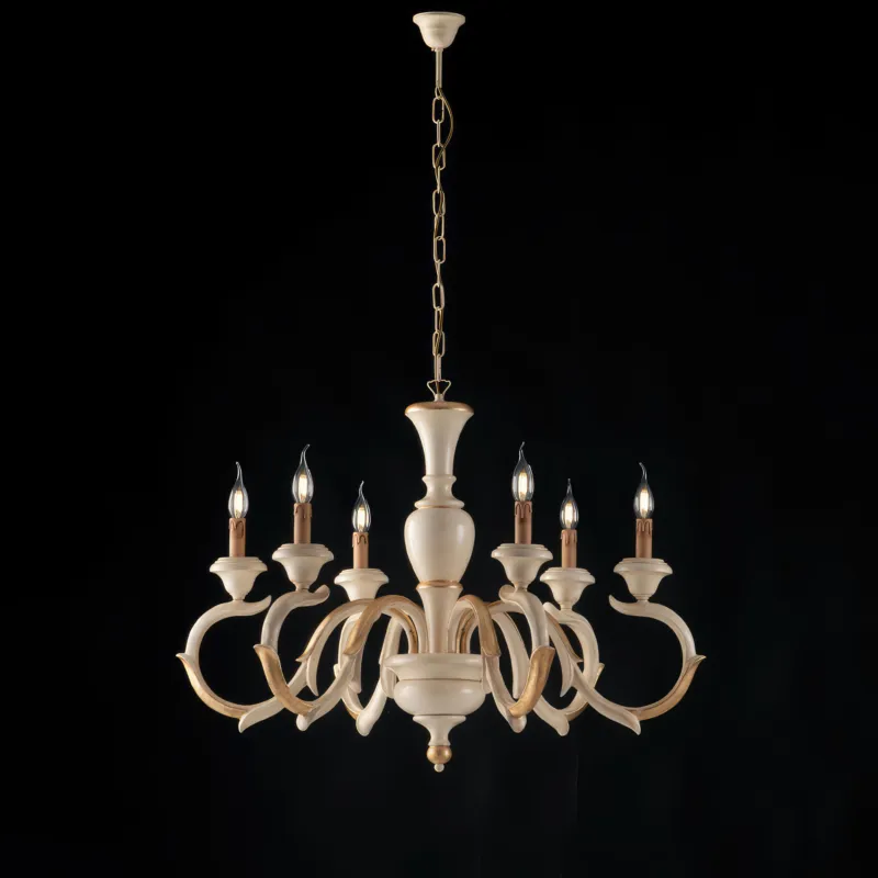 Promozione Esclusiva Lampadario Fiorenza in Legno Avorio e Foglia Oro, H.65 - MAX 125 - Ø91 cm, 6xE14 - 42 Watt Max, Colore Avorio Foglia Oro Bonetti Illumina