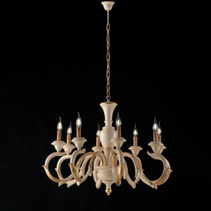 Consegna Rapida Lampadario Fiorenza in Legno Avorio e Foglia Oro, Dimensioni 93xH.65-125 cm, 8 Luci E14 - 42 Watt Max, Colore Avorio Foglia Oro Bonetti Illumina