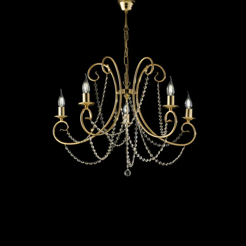 Lampadario Magda in Ferro Dorato 5 Luci, Oro Lucido, 68x115 cm, Illuminazione 5xE14 - 42 Watt Max Bonetti Illumina Vendita Finale