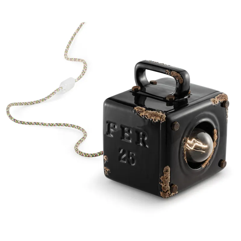 Lampada da tavolo in Metallo anticato Cavoin cotone rivestito Dimensione 18x15,5 xh 20 cm 1 x max 77W E27 peso 2,25 kg colore Nero vintage Ferroluce Spedizione Espresso
