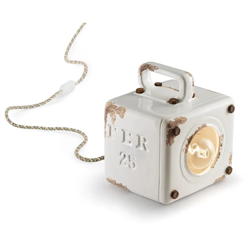 Lampada da tavolo in Metallo anticato Cavoin cotone rivestito Dimensione 18x15,5 xh 20 cm 1 x max 77W E27 peso 2,25 kg colore bianco vintage Ferroluce Promozione