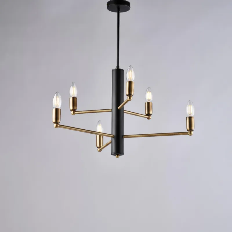 Sospensione Isak H.66 - Ø53 cm, Nero, in Ferro Laccato con Finiture in Ottone Brunito Spazzolato, 6 Luci E14 - 42 Watt Max Be Light Subito Disponibile