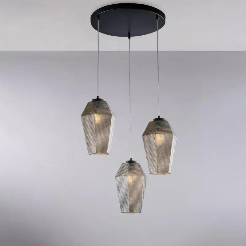 Sconto Sospensione Prisma in Ferro Laccato Nero con Diffusori in Vetro Soffiato Grigio Specchiato, H35 - MAX 135 - Ø47 cm, 3 X E27 - 55 Watt Max, Grigio Specchiato Be Light