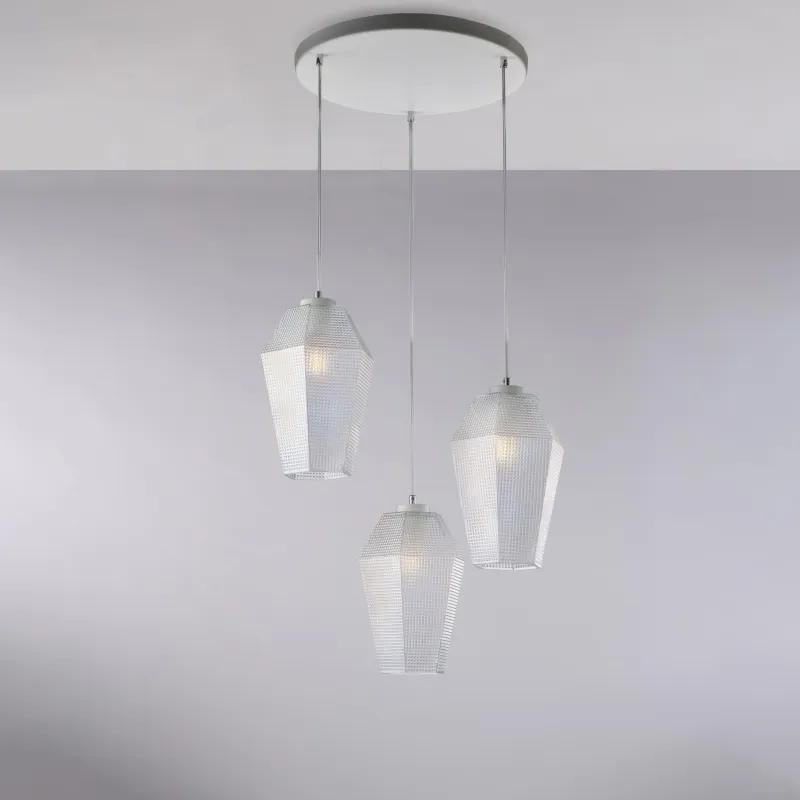 Sospensione Prisma Ø47xH35-135 cm, Bianco, Ferro Laccato e Vetro Soffiato Trasparente con Decoro in Rilievo, 3 X E27 - 55 Watt Max Be Light Prezzo Scontato