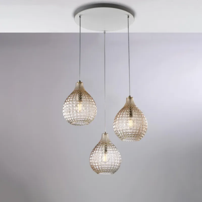 Acquista Ora Sospensione Diamante Ø45xH32-132 cm, Ambra, in Ferro Laccato Bianco e Cromo, 3 X E27 - 55 Watt Max Be Light