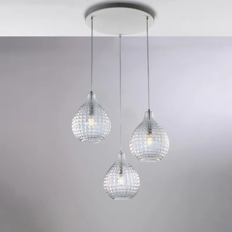 Nuovo Arrivo Sospensione Diamante Ø45xH32 - MAX 132 cm, Trasparente, Ferro Laccato Bianco e Cromo, Vetro Soffiato con Decoro Effetto Cristallo, 3 X E27 - 55 Watt Max Be Light