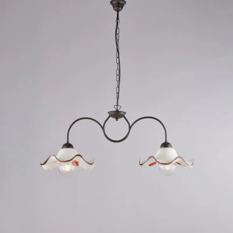 Lampadario Anemone in Ferro Laccato Nero e Decorazione Ruggine, Diffusori in Ceramica Ø30 cm, Nero Ruggine, 2 x E27 - 55 Watt Max, Dimensioni 81x30xH34 - Max 94 cm Be Light Professionale