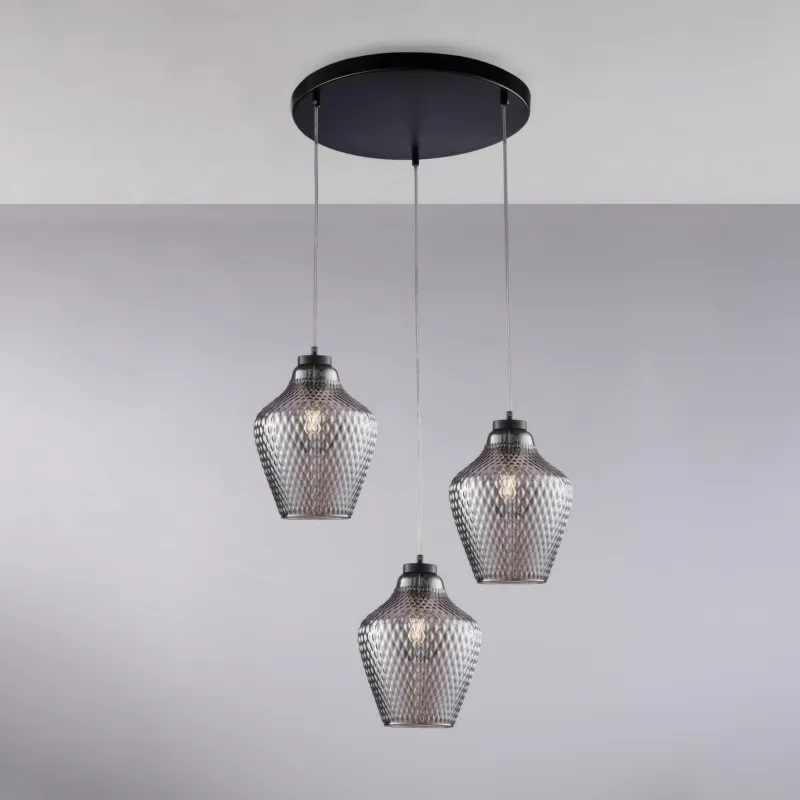 Sospensione Maya in Ferro Laccato Nero e Vetro Soffiato Grigio Specchiato, 47xh135 cm, 3 Luci E27 - 55 Watt Max Be Light Promozione