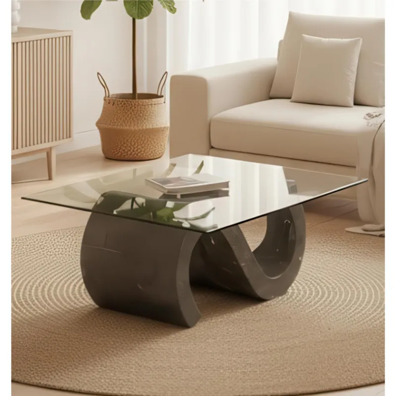 Ultima Occasione Tavolino con base in Pietra Fossile Gray Stone.Flexus Stone Decor E5 120x70xH36 cm, Vetro Trasparente, Gambe in Pietra Fossile Grigio, Top in Vetro Temperato Stones Srl