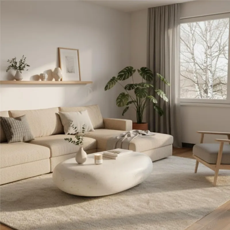 Subito Disponibile Tavolino Sasso Medium Linea Stone Decor E5, 98x52xh27 cm, colore Beige, Base in Pietra Fossile White Agata, Struttura Interna in Compensato Marino Stones Srl