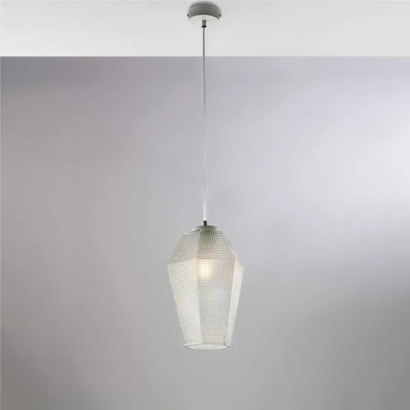 Consegna Rapida Sospensione in ferro laccato bianco e montatura cromo A 1 luce MOD PRISMA Dimensioni 21xh 35 cm allungabile fino a 135 diffusori in vetro Trasparente Be Light