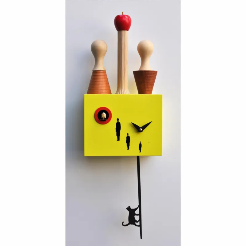 Orologio con cucù con Pendolo PIAZZA ITALIA Dimensioni 21,5x10xh 43 cm Cassa in MDF laccato e betulla GIALLO Pirondini Non Perdere