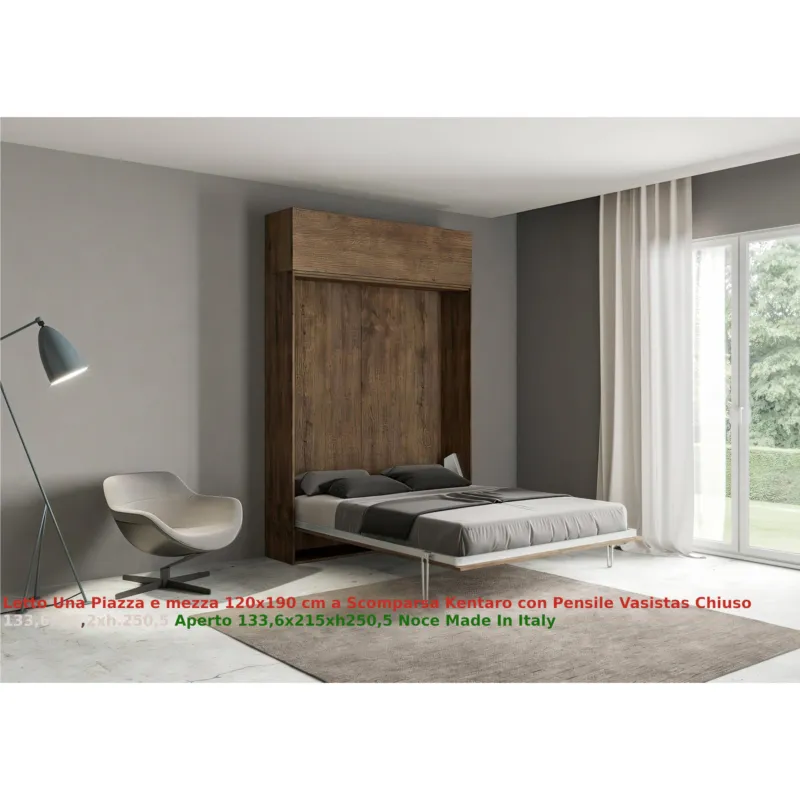 Offerta Speciale Letto a scomparsa Kentaro Una Piazza e Mezza con Pensile Vasistas Chiuso Occupa solo 39 cm di profondità, Dimensioni chiuso 133,6x39,2xh250,5 cm struttura in legno colore Noce Itamoby