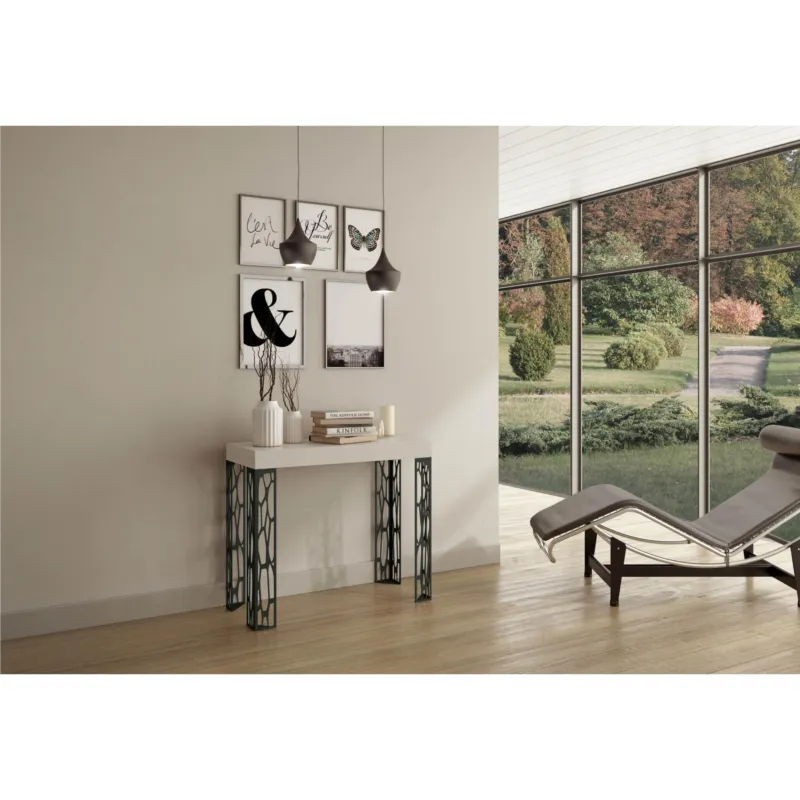 Consolle Allungabile con 3 allunghe GHIBLI SMALL TELAIO ANTRACITE 90x40xh77 cm estensibile fino a 196 cm Allunghe da 52 cm, gambe sagoma traforata Antracite piano colore Bianco Antracite Itamoby Novità