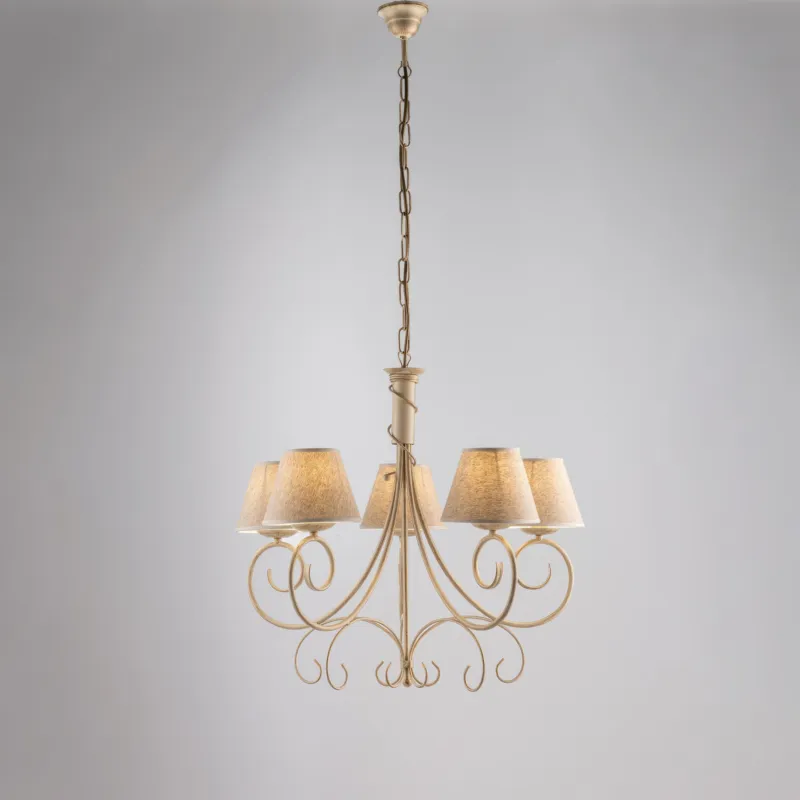 Miglior Prezzo Lampadario Vienna in ferro laccato avorio con decorazione oro chiaro e paralumi in pvc effetto tessuto 5 luci, altezza 58 Cm, Cavo allungabile fino a 118 Cm, larghezza 60 Cm Be Light