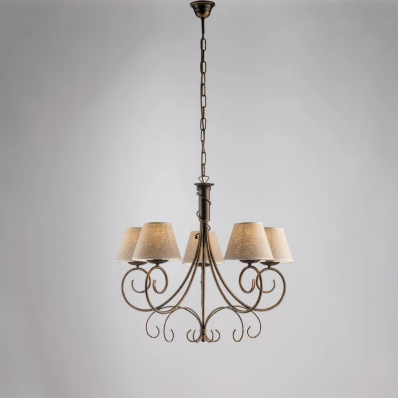 Reso Gratuito Lampadario Vienna in ferro laccato marrone con decorazione oro chiaro e paralumi in pvc effetto tessuto 5 luci, altezza 58 Cm, Cavo allungabile fino a 118 Cm, larghezza 60 Cm Be Light