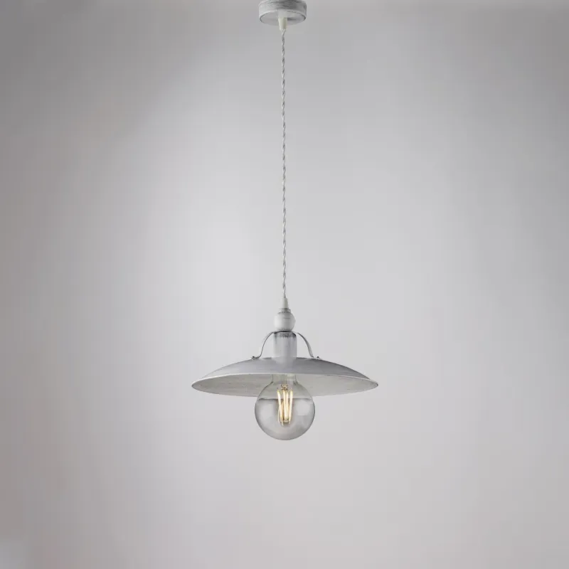 Più Venduto Sospensione Cantina in ferro laccato bianco con decorazione argento 1 luce , altezza 14 Cm, Cavo allungabile fino a 74 Cm, larghezza 30 Cm Be Light