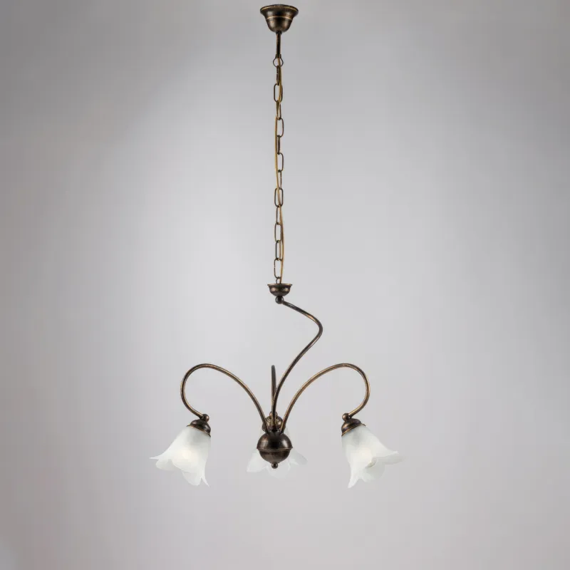 Offerta Lampo Lampadario Alice in ferro laccato marrone con decorazione oro chiaro e vetri alabastro bianchi 3 luci, altezza 46 Cm, Cavo allungabile fino a 106 Cm, larghezza 50 Cm Be Light