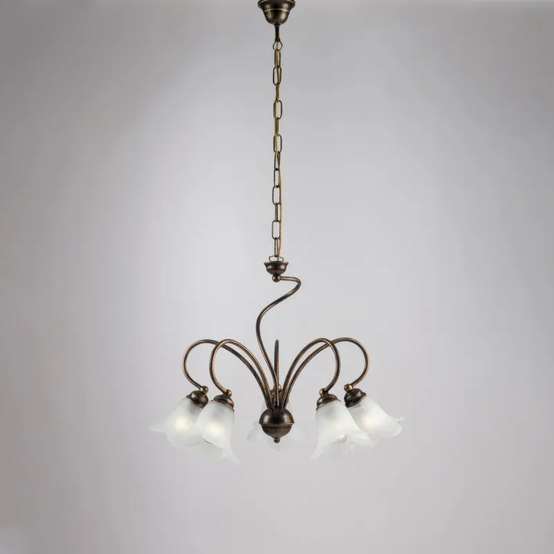 Lampadario Alice in ferro laccato marrone con decorazione oro chiaro e vetri alabastro bianchi 5 luci, altezza 46 Cm, Cavo allungabile fino a 106 Cm, larghezza 57 Cm Be Light Novità