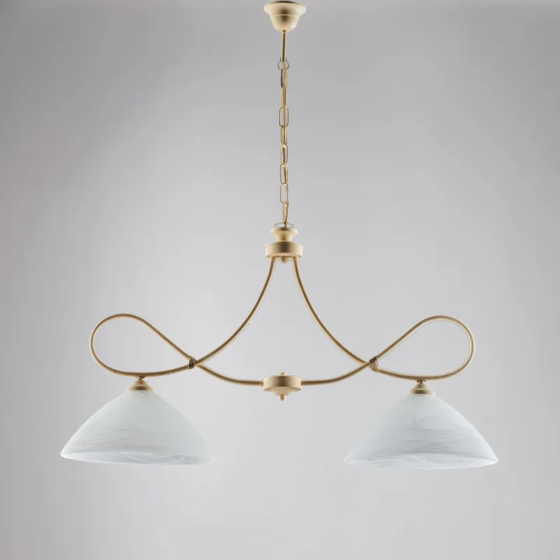 Spedito Oggi Lampadario Dallas in ferro laccato avorio con decorazione decapè e vetri alabastro bianchi 2 luci, altezza 50 Cm, Cavo allungabile fino a 110 Cm, larghezza 92 Cm Be Light