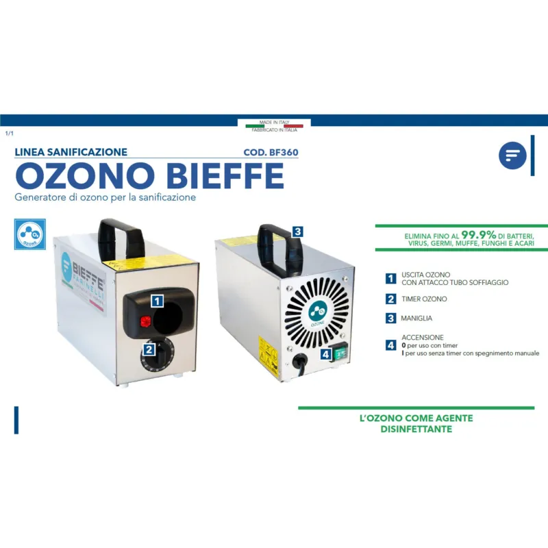 Generatore Sanificatore ad Ozono per ambienti Bieffe 360 dimensioni 27x14xh18 CM 160 Mc circa 60 Mq Certificato CE Garanzia Italiana Anni 2 Bieffe Srl Popolare
