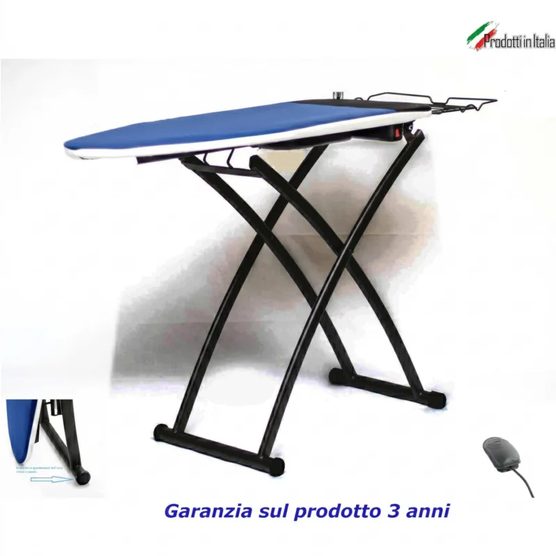 Asse da stiro aspirante soffiante EVO 120x45xh75-101 max cm piano in rete di acciaio dotato di un motore e di una pedaliera copertina colore blu telaio nero Sintesi Stiro Offerta Limitata