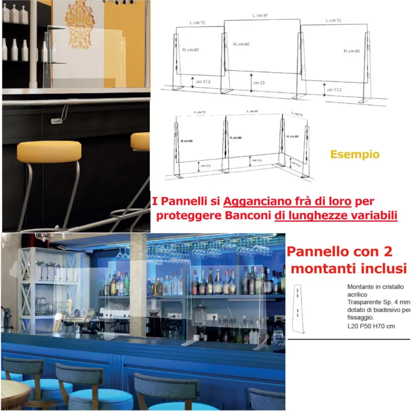 Barriera parafiato per spazi ristorante, bar in plexiglass Modulabile 97xh60 cm - spessore mm per attività che necessitano di protezione si possono agganciare frà di loro per banconi Emporium Nuova Collezione